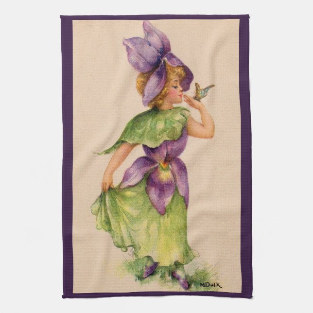 lilac flower girl print tea towel (Vertical)