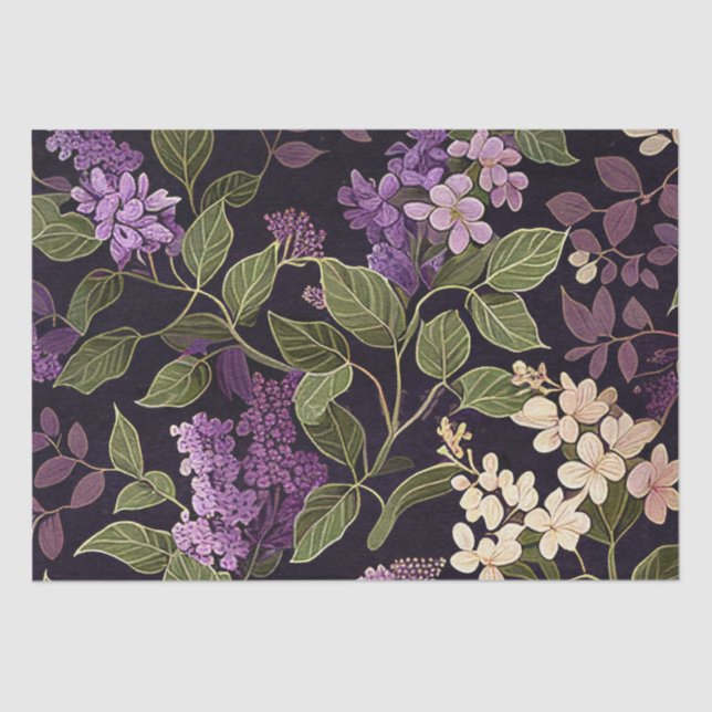 Lilac Flower Purple Black Floral Pattern Decoupage Tissue Paper (Front)