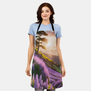 Lilac Flowers Bloom on Hill at Sunset Glow Apron