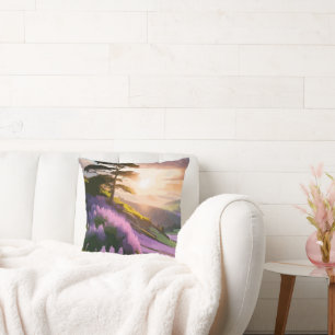 Lilac Flowers Bloom on Hill at Sunset Glow Cushion