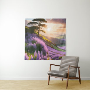 Lilac Flowers Bloom on Hill at Sunset Glow Tapestry