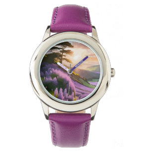 Lilac Flowers Bloom on Hill at Sunset Glow Watch