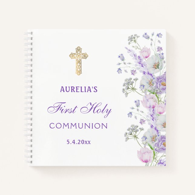 Lilac Flowers First Communion Guest Book (Front)