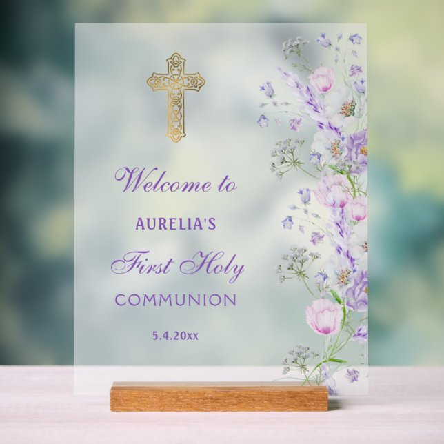 Lilac Flowers First Communion Welcome Acrylic Sign (Neutral)