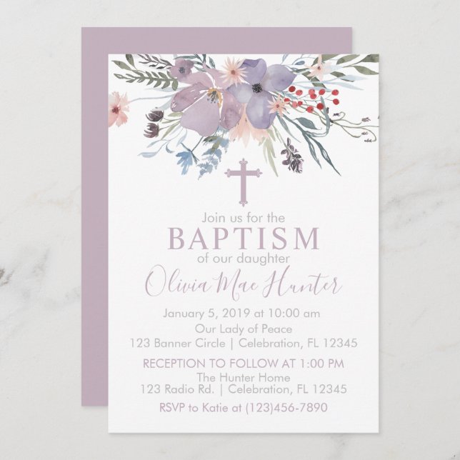 Lilac Flowers Girl Baptism Invitation (Front/Back)
