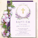 Lilac Flowers Girls First Baptism Invitation<br><div class="desc">Beautiful Baptism invitations featuring a lavender lilac wreath and cross set on a light purple background.  Flip our invitation over to view a coordinating back for an extra special touch.</div>