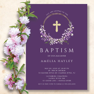 Lilac Flowers Girls First Baptism Invitation