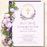 Lilac Flowers Girls First Communion Invitation<br><div class="desc">Beautiful First Communion invitations featuring a lavender lilac wreath and cross set on a light purple background.  Flip our invitation over to view a coordinating back for an extra special touch.</div>