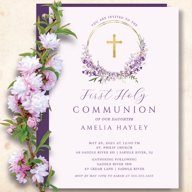 Lilac Flowers Girls First Communion Invitation (Creator Uploaded)