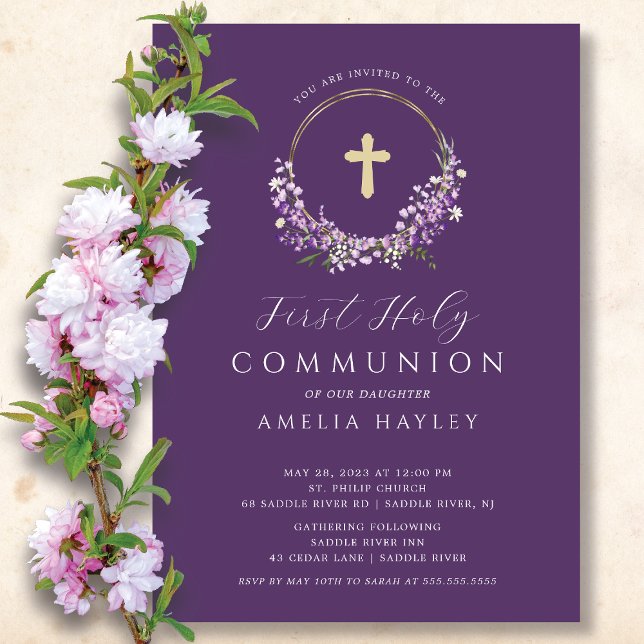 Lilac Flowers Girls First Communion Invitation (Creator Uploaded)