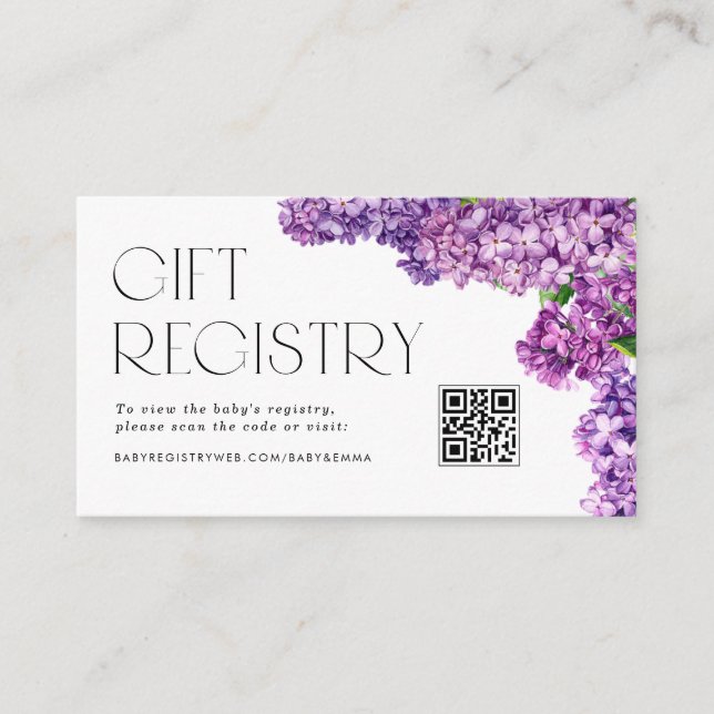 Lilac Flowers QR Code Baby Shower Registry Enclosure Card (Front)