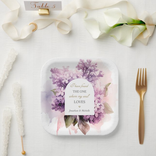 Lilac Flowers Watercolor Art Wedding Bible Verse Paper Plate (Wedding)
