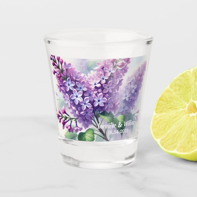 Lilac Flowers Watercolor Floral Wedding Shot Glass (Front)