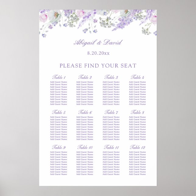 Lilac Flowers Wedding Seating Chart (Front)