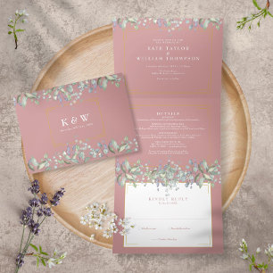 Lilac Foliage Dusty Rose Monogram Photo Wedding Tri-Fold Invitation