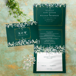 Lilac Foliage Emerald Monogram Photo Wedding Tri-Fold Invitation