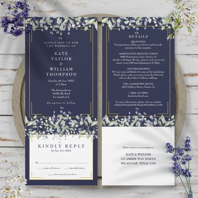 Lilac Foliage Navy Blue All In One Wedding Details Invitation (Lilac Foliage Navy Blue All In One Wedding Details Invitation)
