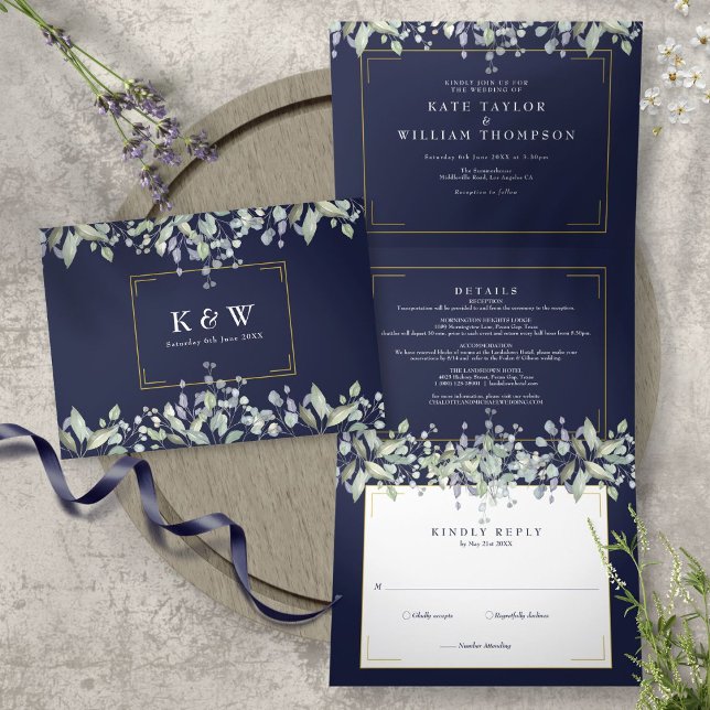 Lilac Foliage Navy Blue Monogram Photo Wedding Tri-Fold Invitation (Creator Uploaded)