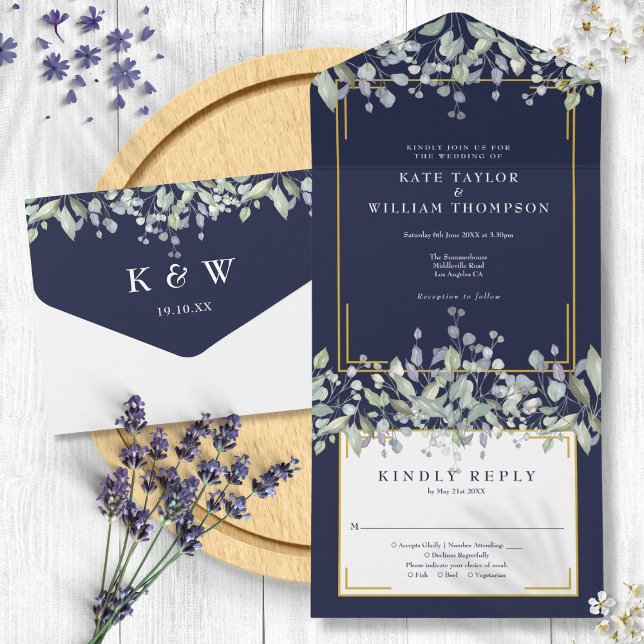 Lilac Foliage Navy Blue Monogram Wedding All In One Invitation (Lilac Foliage Navy Blue Monogram Wedding All In One Invitation)