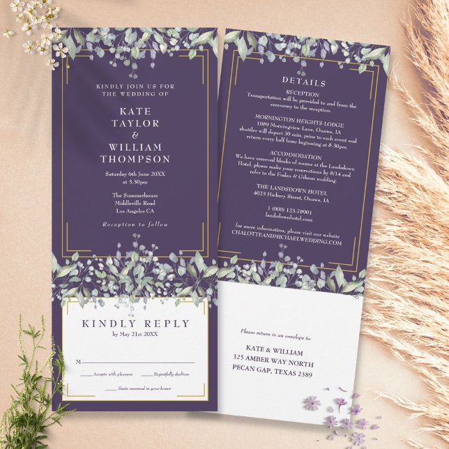 Lilac Foliage Purple All In One Wedding Details Invitation (Creator Uploaded)