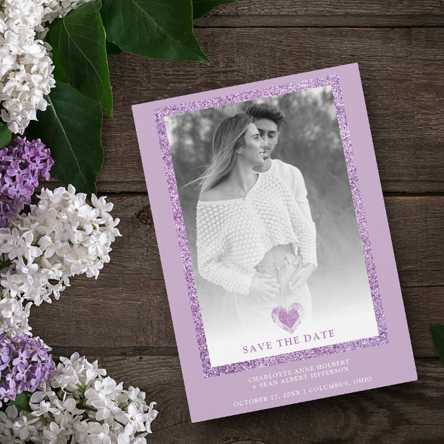 Lilac Frame Sparkle Minimalist Photo Engaged Heart (Creator Uploaded)