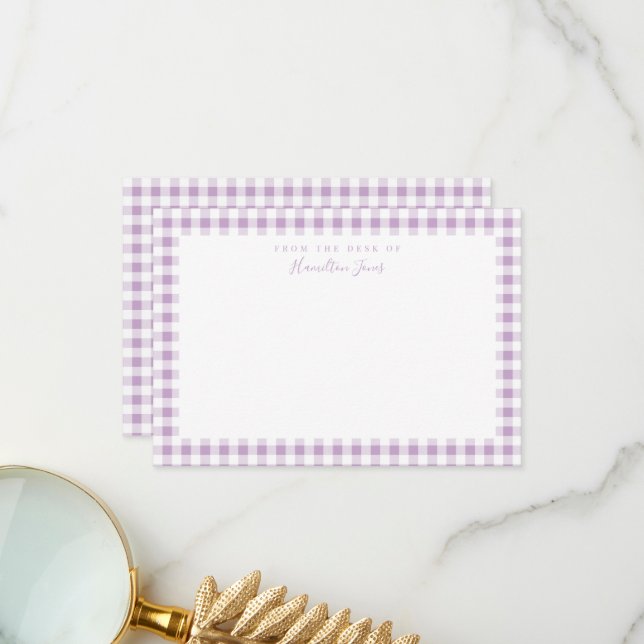 Lilac Gingham Check Personal Stationery Card (Front/Back In Situ)