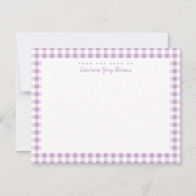 Lilac Gingham Check Personal Stationery Card (Front)