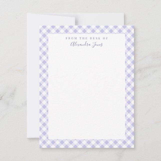Lilac Gingham Check Personal Stationery Note Card (Front)