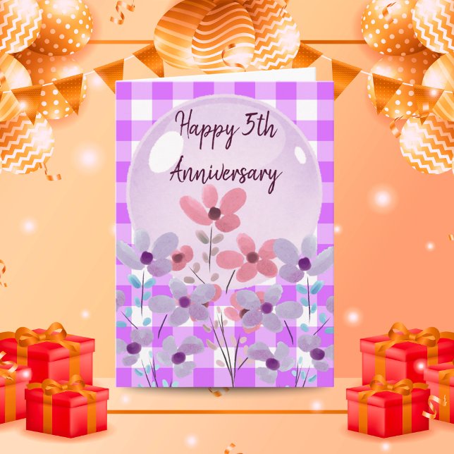 Lilac Gingham Floral 5th Wedding Anniversary Gift Card (Creator Uploaded)
