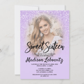 Lilac Glitter Glam Sweet 16 Photo Invitation