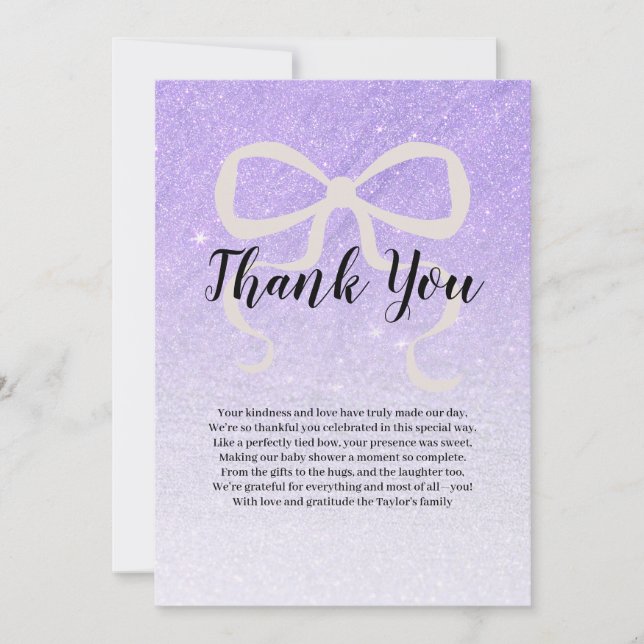 Lilac glitter gradient coquette bow Thank You Card (Front)