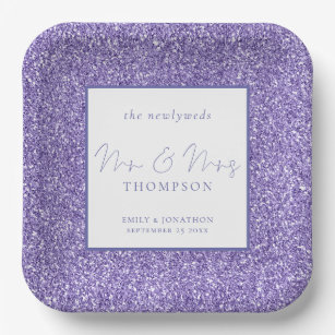 Lilac Glitter Mr and Mrs Blue Paper Plate