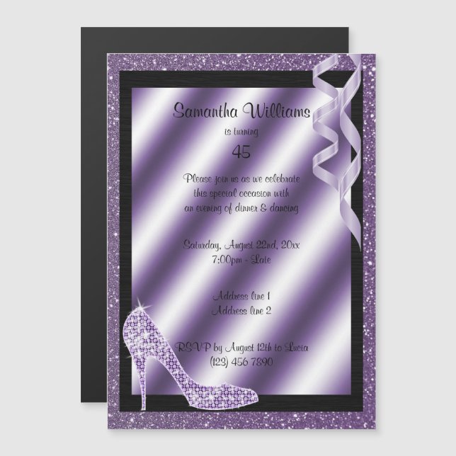 Lilac Glittery Stiletto & Streamers 45th Birthday Magnetic Invitation (Front/Back)