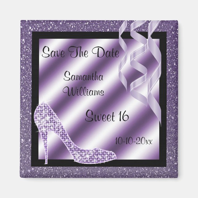 Lilac Glittery Stiletto & Streamers Sweet 16 Magnet (Front)