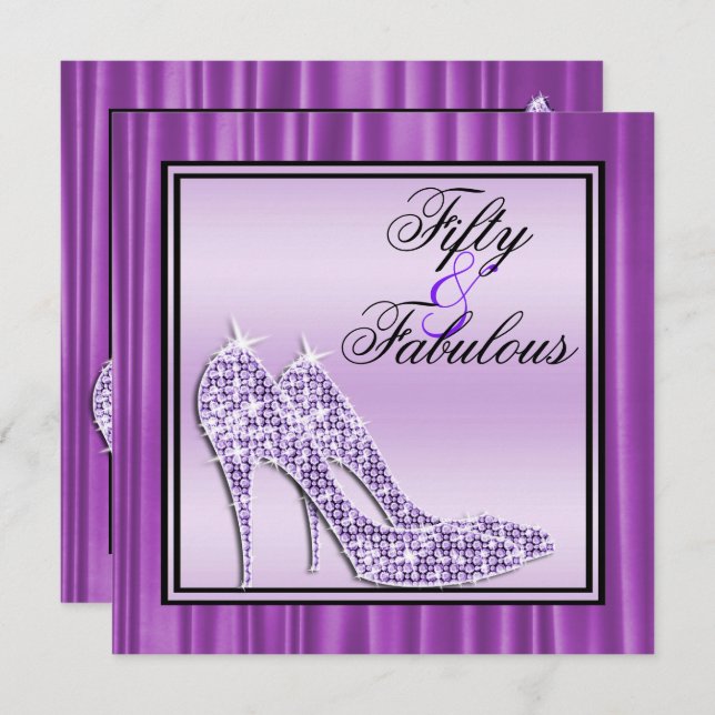 Lilac Glittery Stilettos & Music Fabulous 50 Invitation (Front/Back)