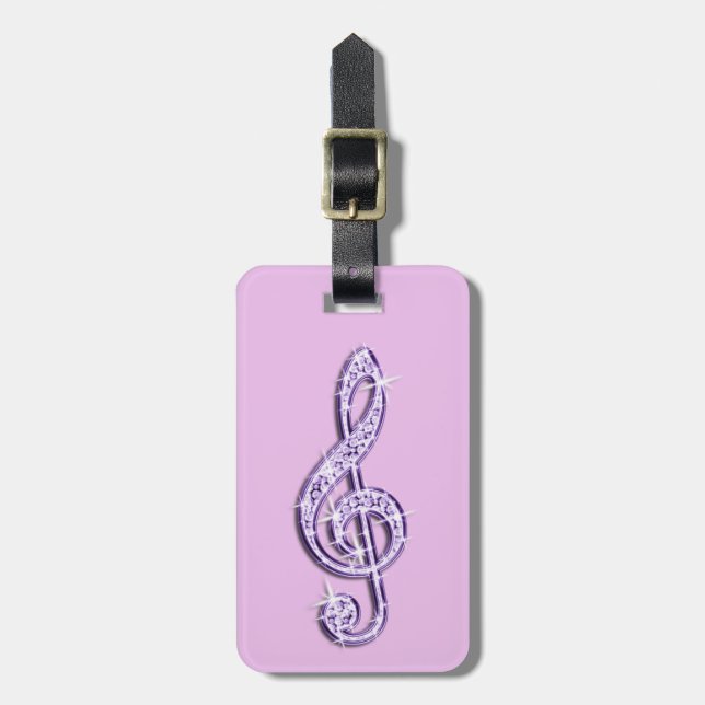 Lilac Glitzy Sparkly Music Notes Luggage Tag (Front Vertical)