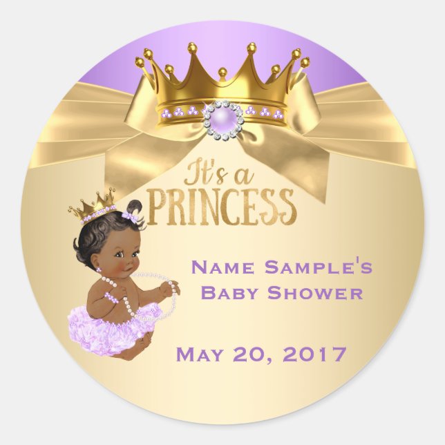 Lilac Gold Ballerina Princess Baby Shower Ethnic Classic Round Sticker (Front)