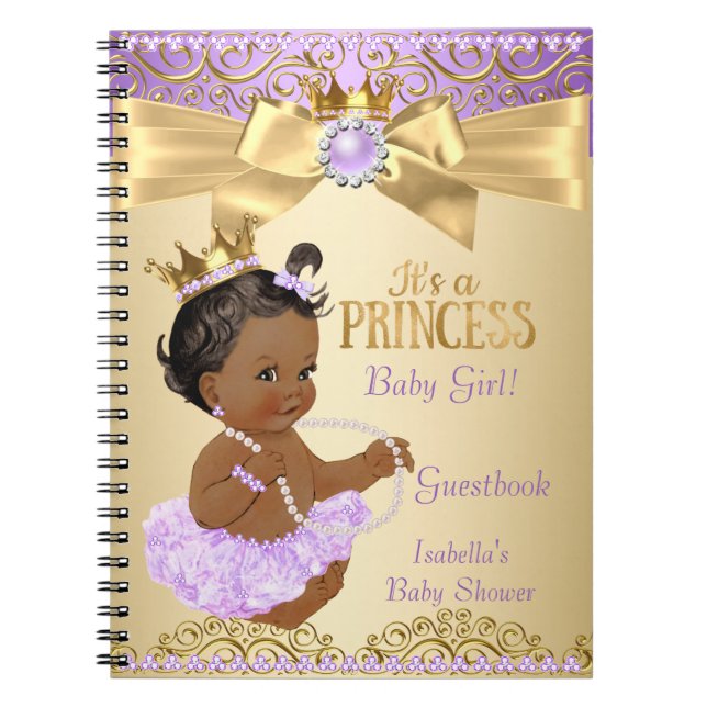 Lilac Gold Ballerina Princess Baby Shower Ethnic Notebook (Front)