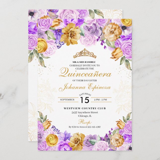 Lilac & Gold Floral Glitter Tiara Quinceanera Invitation (Front/Back)