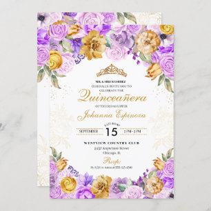 Lilac & Gold Floral Glitter Tiara Quinceanera Invitation
