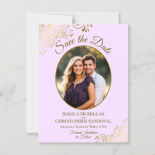 Lilac & Gold Posh Wedding Save the Date Oval Photo Magnetic Invitation