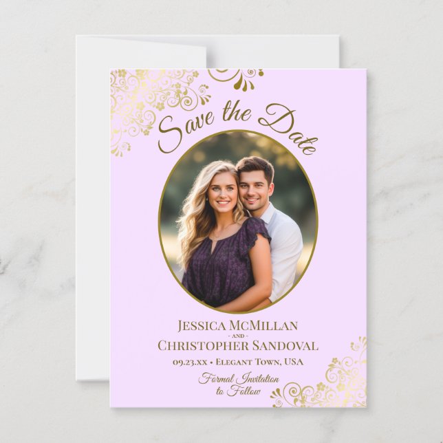Lilac & Gold Posh Wedding Save the Date Oval Photo Magnetic Invitation (Front)