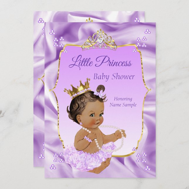Lilac Gold Princess Baby Shower Girl dark brunette Invitation (Front/Back)