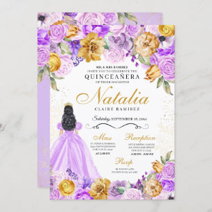 Lilac Gold Princess Glitter Tiara Quinceanera Invitation