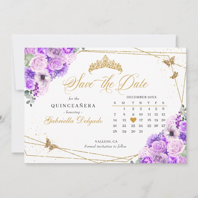 Lilac & Gold Quinceañera Save The Date Invitation (Front)