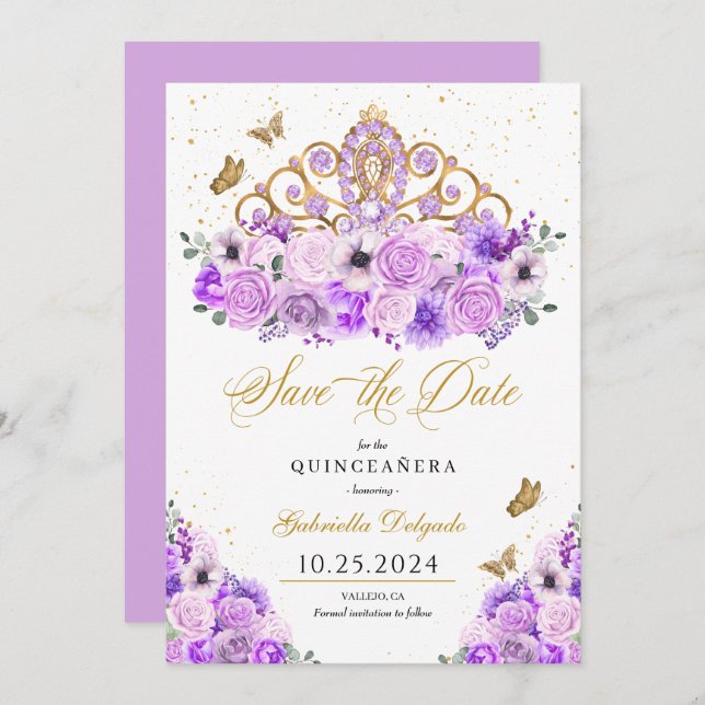 Lilac & Gold Tiara Save The Date Quinceañera Invitation (Front/Back)