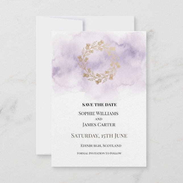 Lilac Gold Wreath Wedding Save The Date (Front)