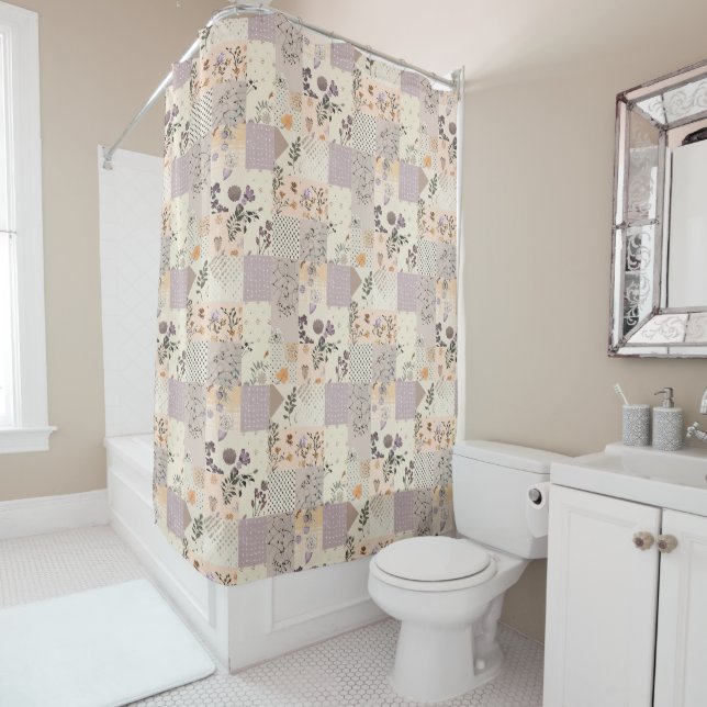  Lilac Green Patchwork Quilt Rustic Floral Retro  Shower Curtain (In Situ)