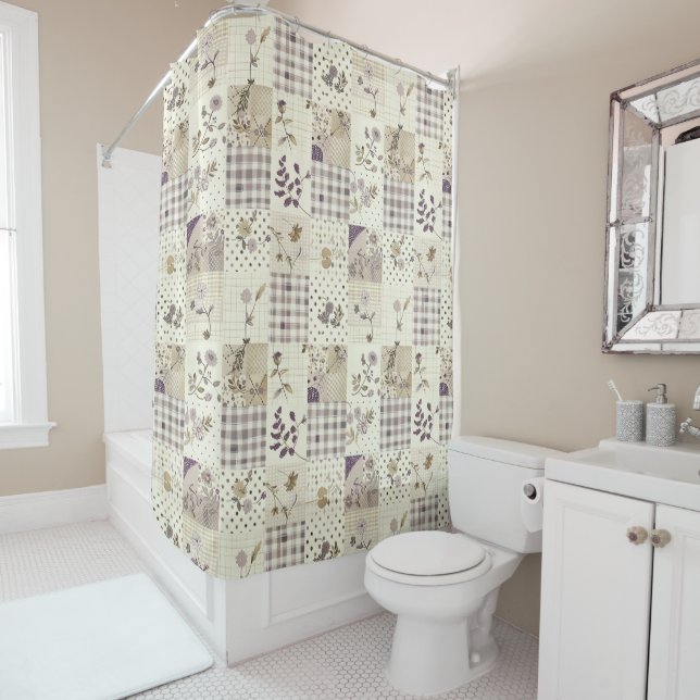  Lilac Green Patchwork Quilt Rustic Floral Retro  Shower Curtain (In Situ)