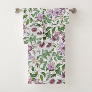 Lilac Green White Vintage Botanical Flowers Bath Towel Set